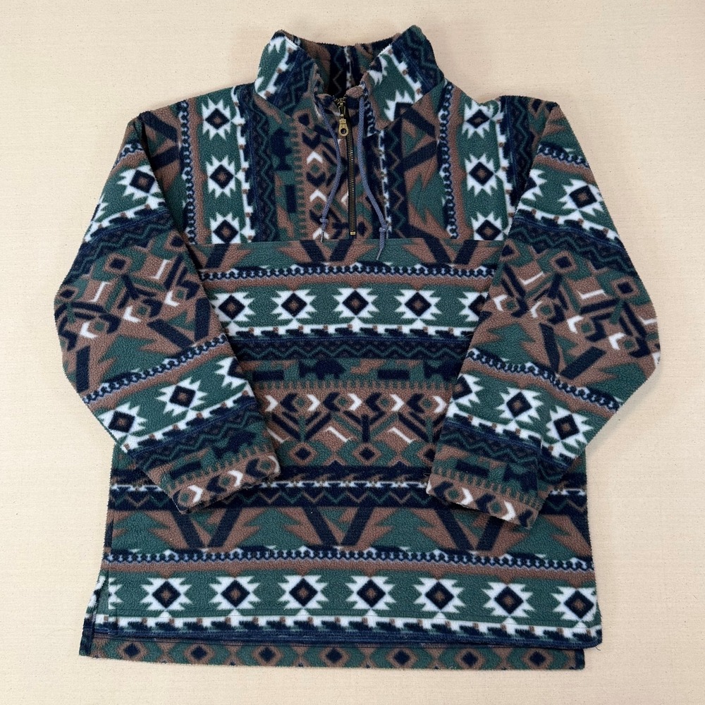 Vintage EXC-L Aztec Fleece Pullover Quarter Zip Southwestern Green Brown Mens M